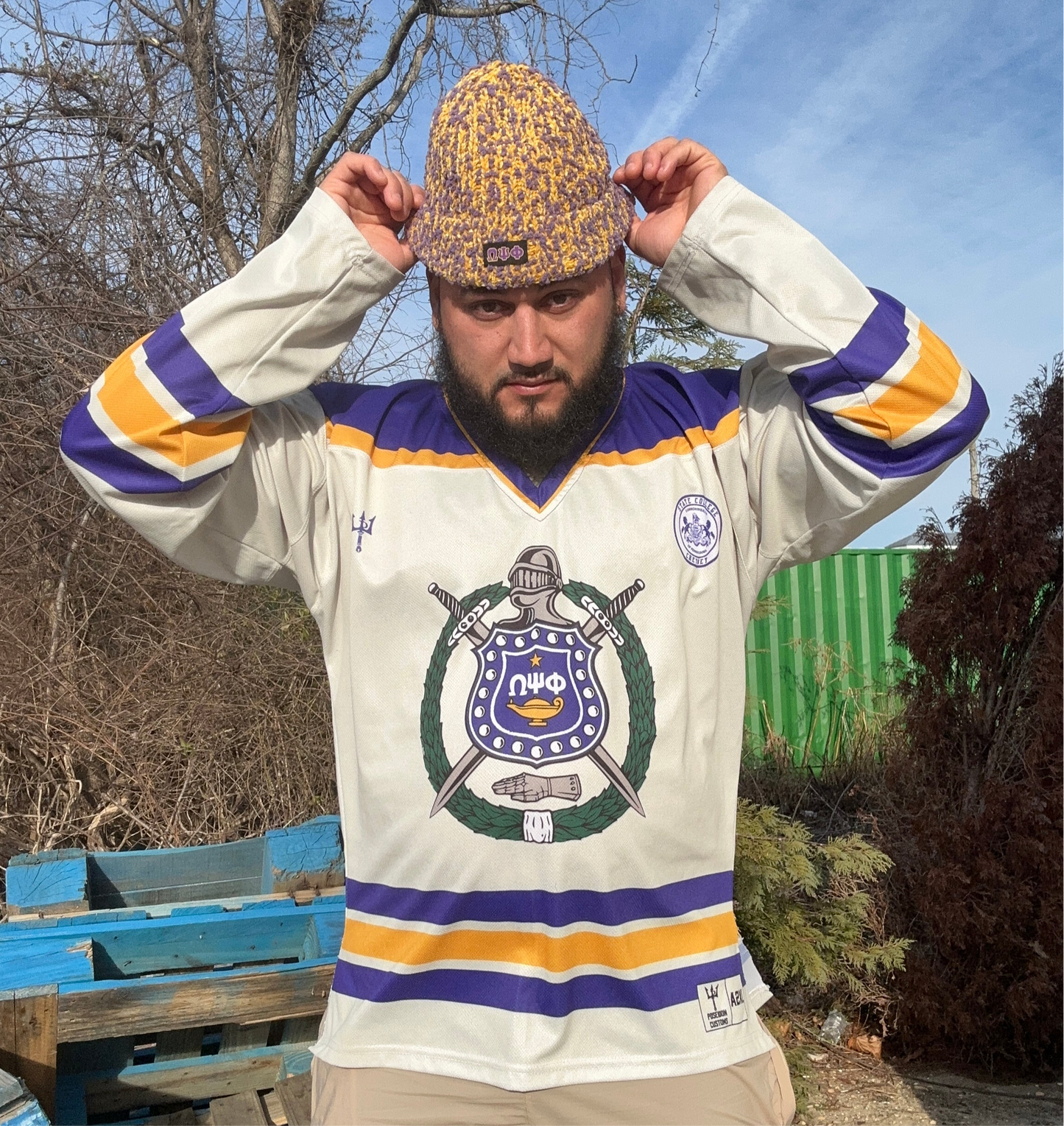 Omega Psi Phi Hand Tied Beanie 'Purple & Gold”
